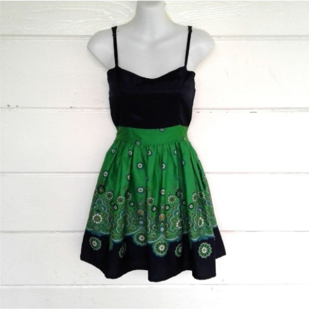 Ginger Lamb Women's Blue Green Paisley Fit & Flare Dress Zipper Straps Small